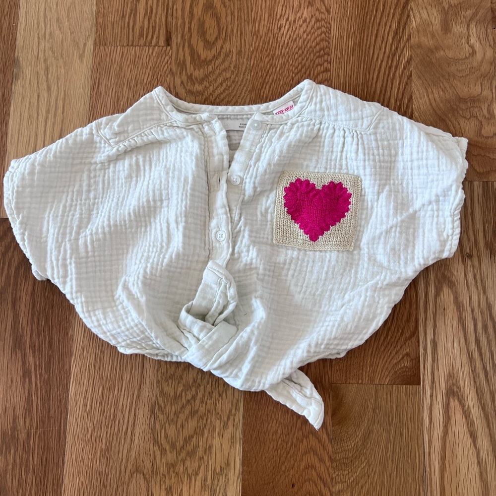 Zara White Button-Up Top with Pink Heart Patch